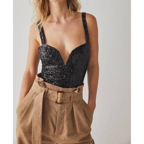 NEW FREE PEOPLE sparks fly sequin bodysuit in black - Picture 1 of 1